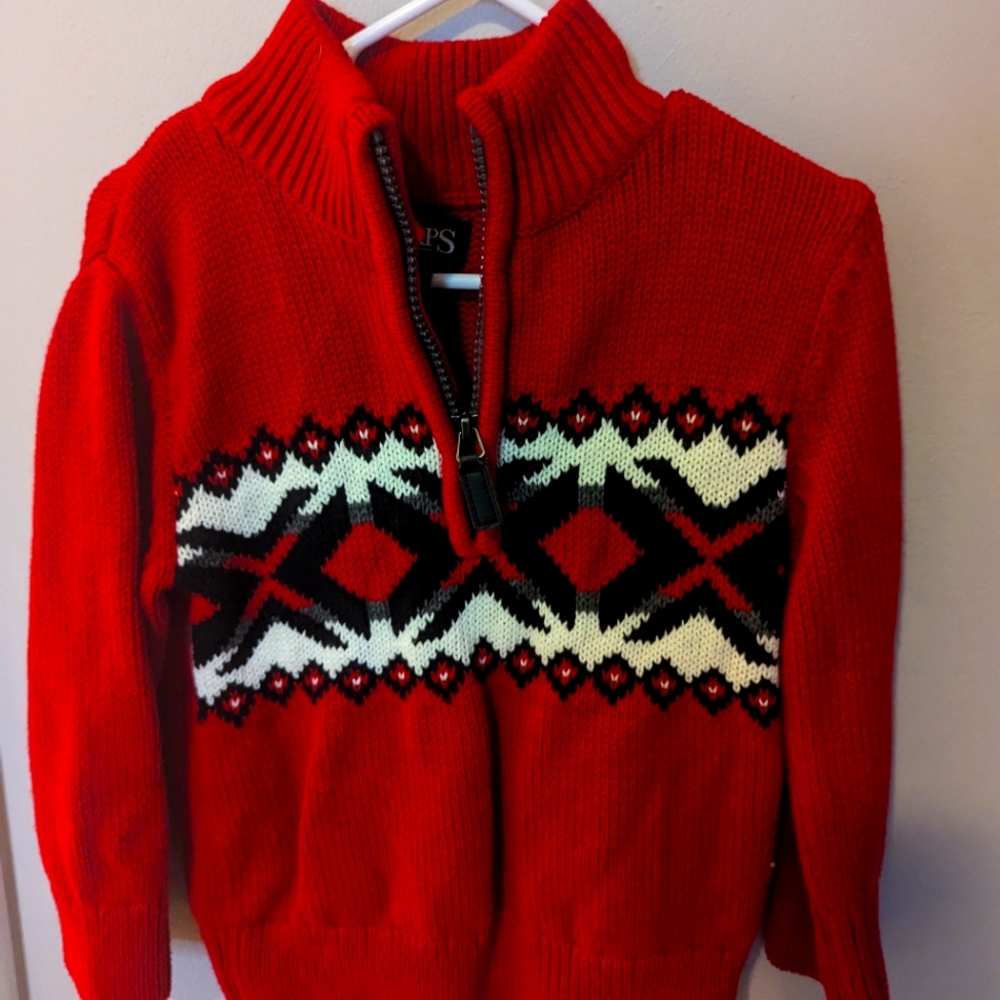 Children's Red Sweater with Black and White Pattern